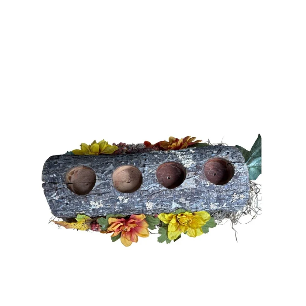 Rustic Fall Log Tealight Candle Holder Floral Centerpiece Farmhouse 13 Inch